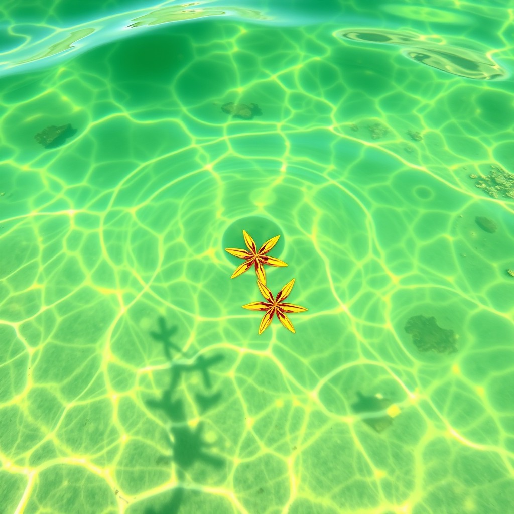 A serene image of almost transparent marine water clearly indicating it is the sea, with green reflections surrounding it, featuring a vibrant star anise flower prominently positioned in the center
