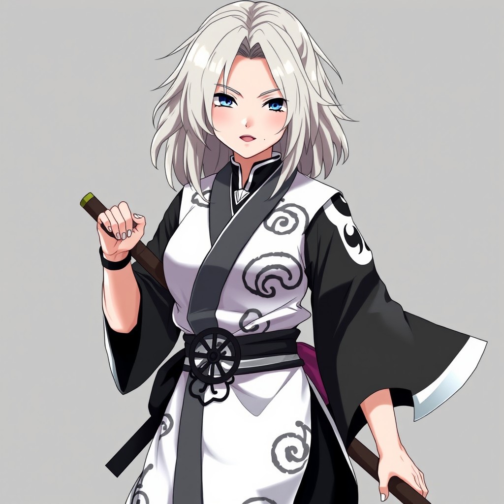 A female character designed in the style of Naruto Shippuden, featuring layered whitish blond ashy hair that is medium length, not too long, adding a touch of elegance