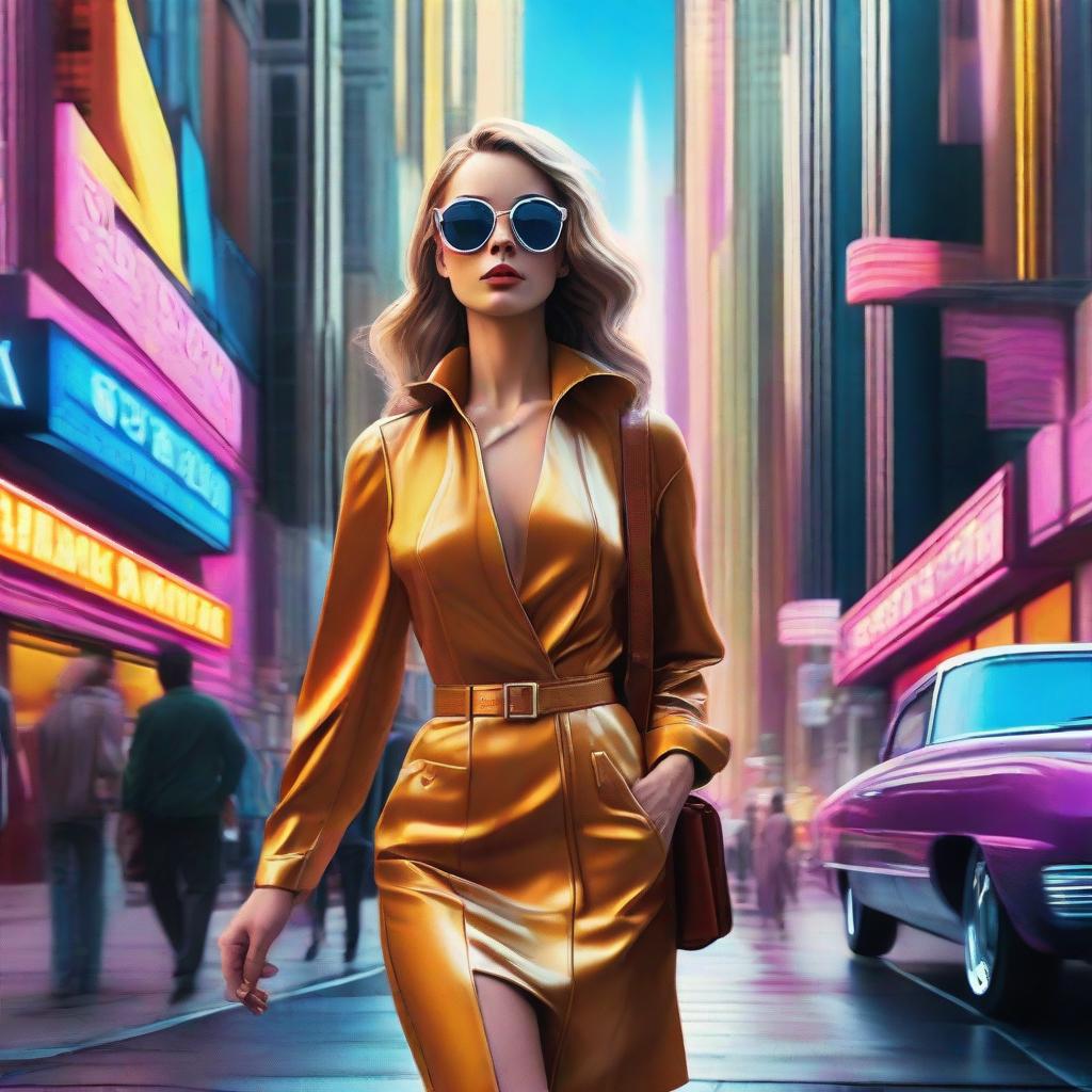 A hyperrealistic depiction of a beautiful woman walking on a vibrant retro-futuristic city street, exuding luxury.