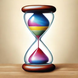 A vibrant, coloured pencil drawing of a unique hourglass