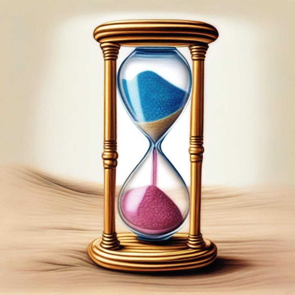 A vibrant, coloured pencil drawing of a unique hourglass