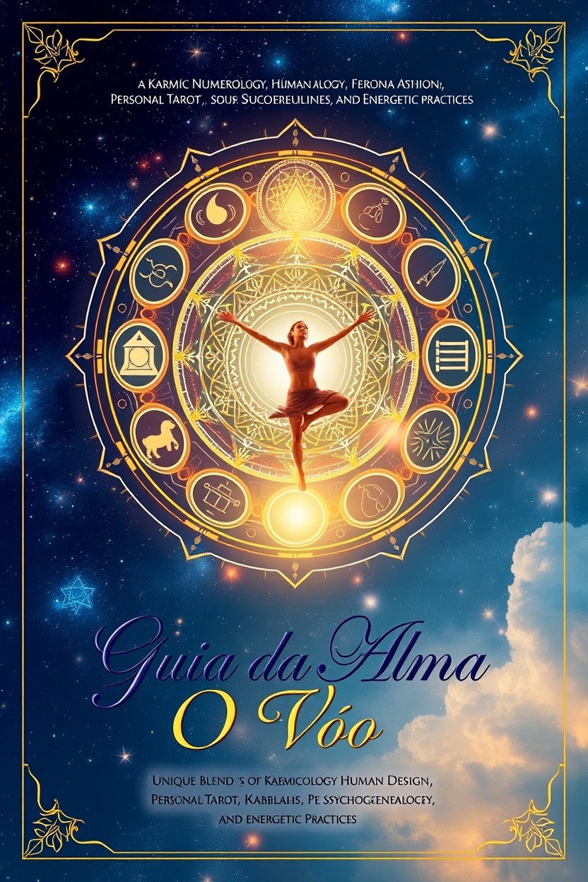 A mystical book cover for 'Guia da Alma - O Vôo', showcasing a unique blend of Karmic Numerology, Human Design, Esoteric Astrology, Personal Tarot, Kabbalah of the Soul, Spiritual Timelines, Psychogenealogy, and Energetic Practices
