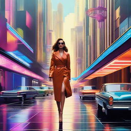 A hyperrealistic depiction of a beautiful woman walking on a vibrant retro-futuristic city street, exuding luxury.