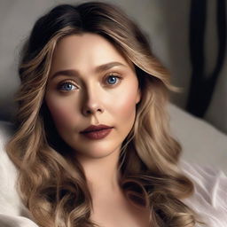 This is a high-quality digital art piece featuring Elizabeth Olsen in a sensual setting