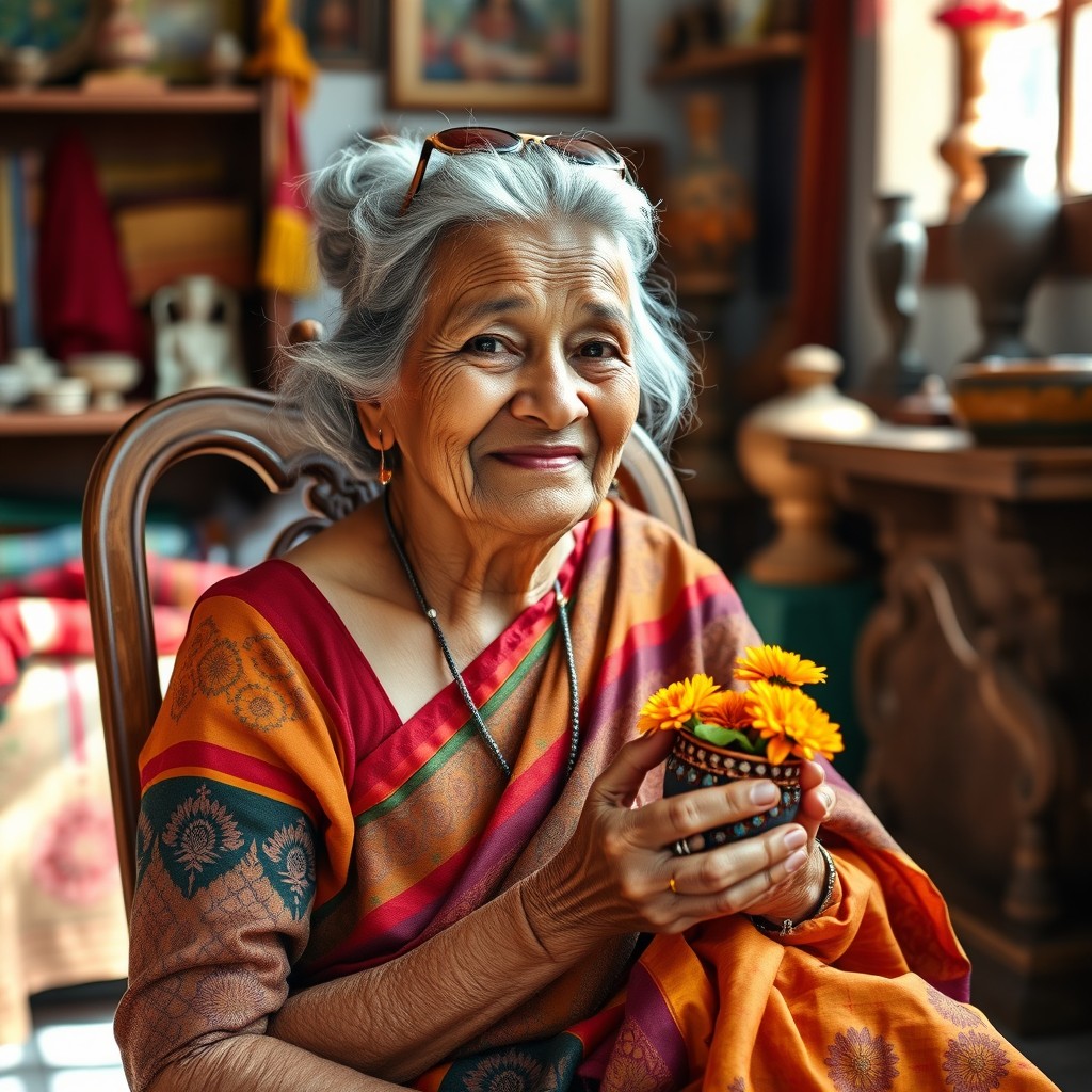 A wise and charming Indian elderly woman, with soft gray hair tied in a bun, wearing a colorful saree that reflects traditional Indian patterns