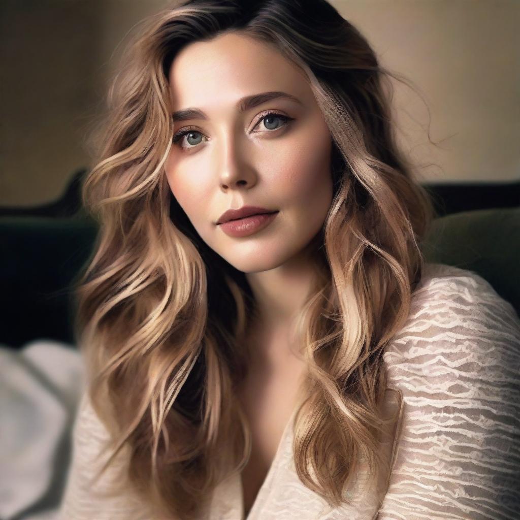 This is a high-quality digital art piece featuring Elizabeth Olsen in a sensual setting