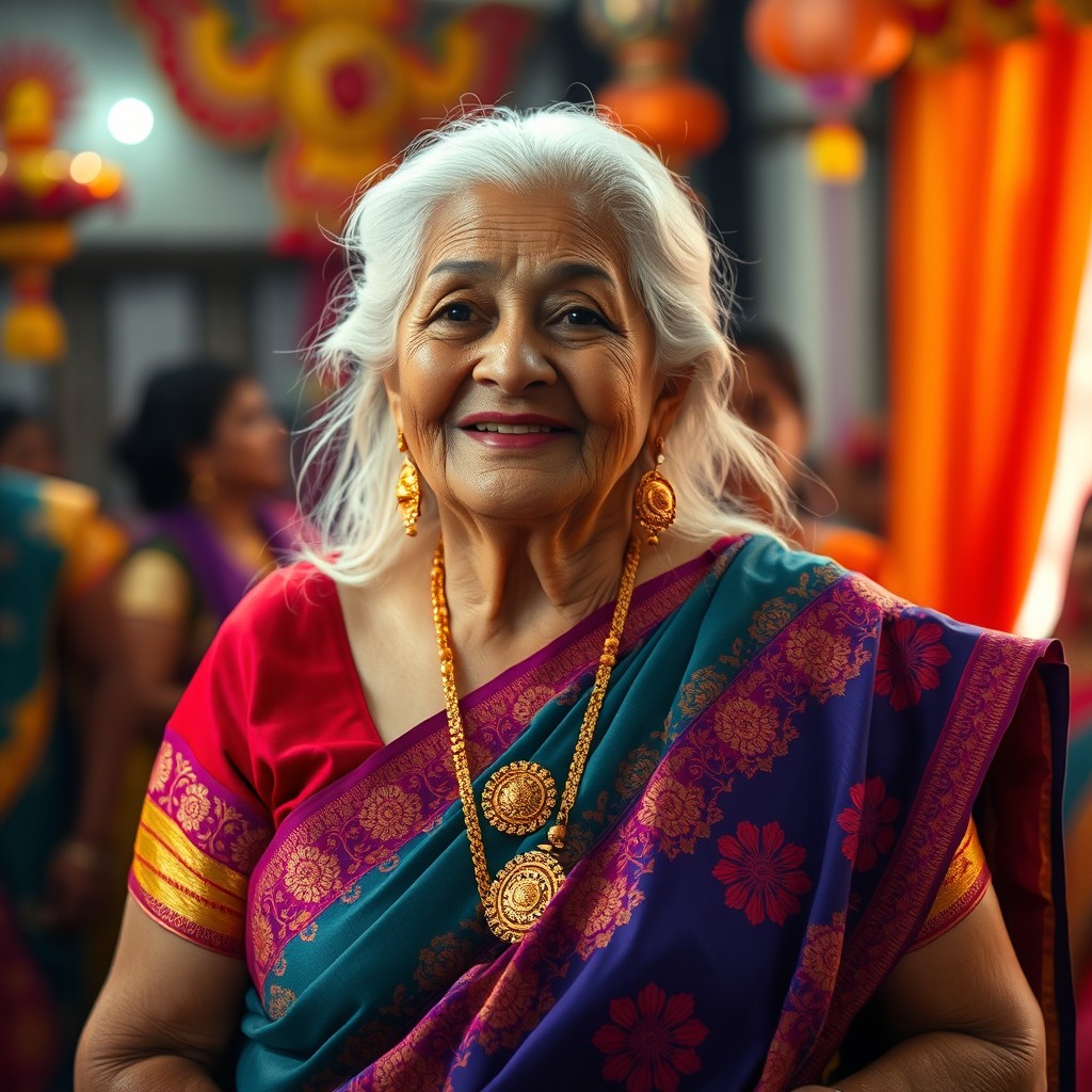 An elderly Indian woman dressed in traditional Bollywood attire, wearing a vibrant saree adorned with intricate patterns and rich colors