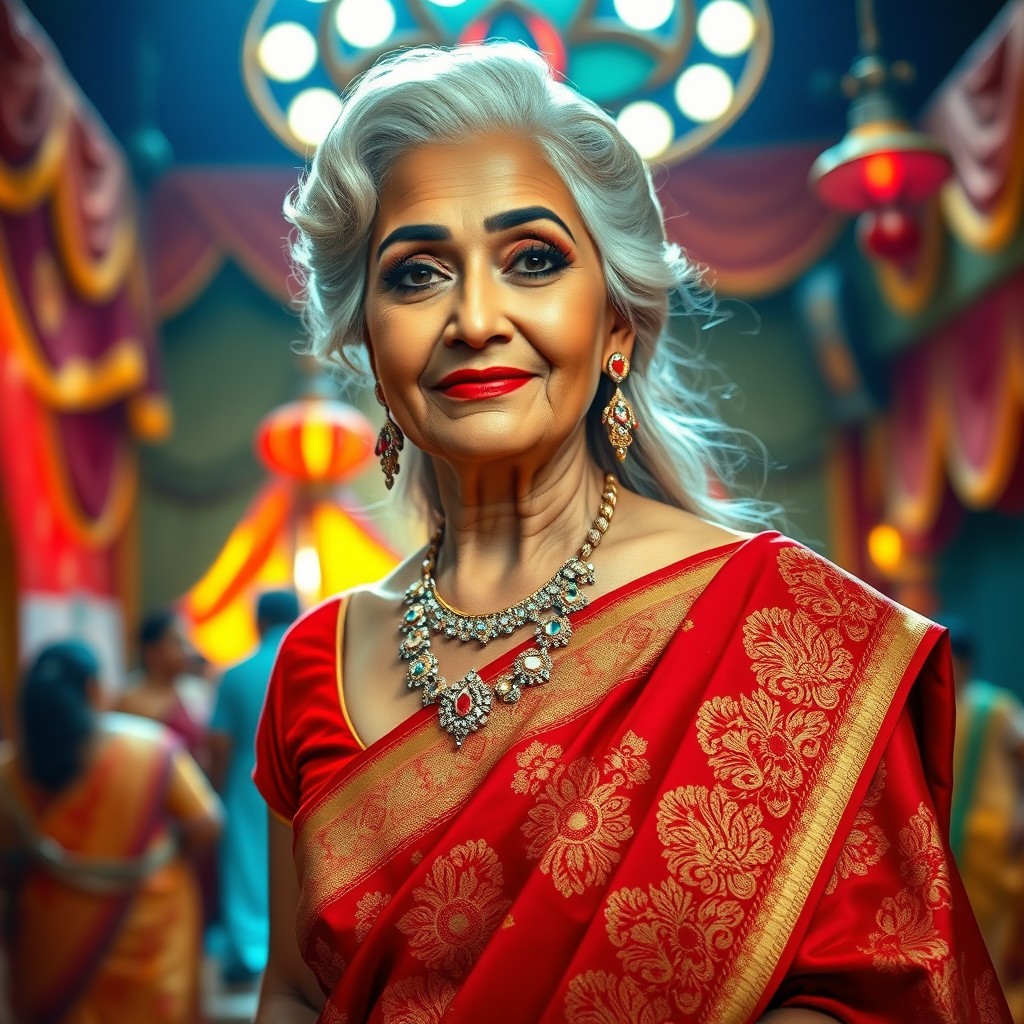 A vibrant portrayal of a glamorous old lady in the style of classic Bollywood cinema