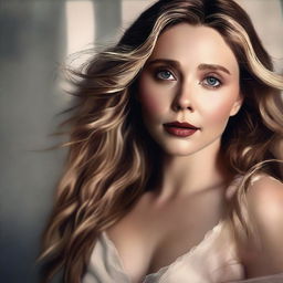 This is a high-quality digital art piece featuring Elizabeth Olsen in a sensual setting