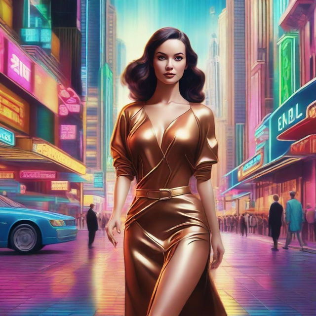 A hyperrealistic depiction of a beautiful woman walking on a vibrant retro-futuristic city street, exuding luxury.