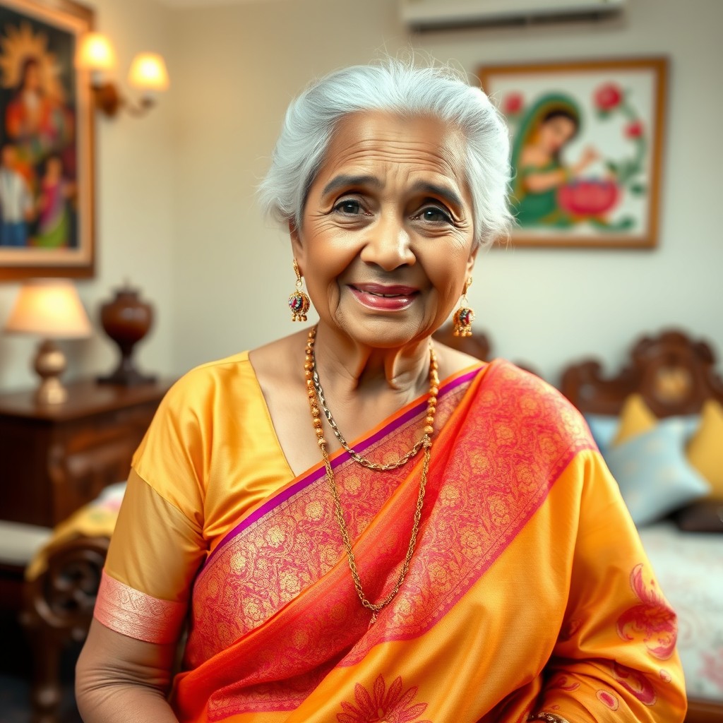 An elderly woman dressed in traditional Bollywood attire, exuding grace and wisdom