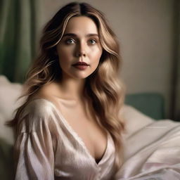 This is a high-quality digital art piece featuring Elizabeth Olsen in a sensual setting