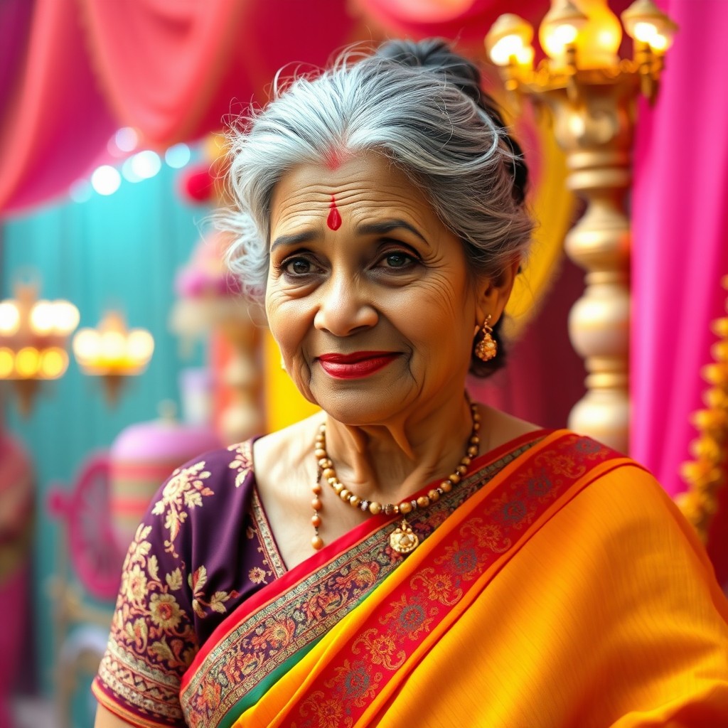 An elegant elderly Indian woman dressed in a colorful traditional Bollywood-style saree adorned with intricate embroidery