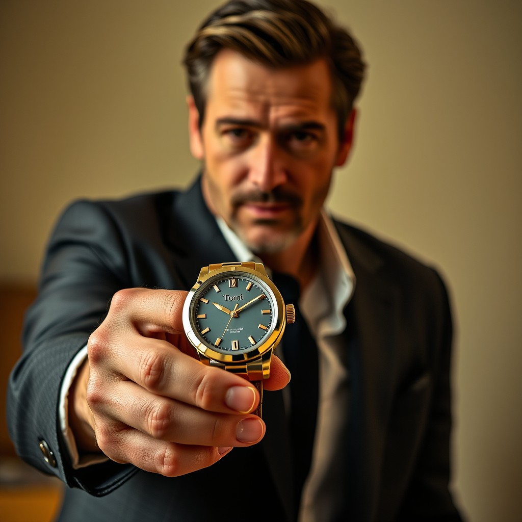 A movie actor holding a beautifully designed watch in his hand