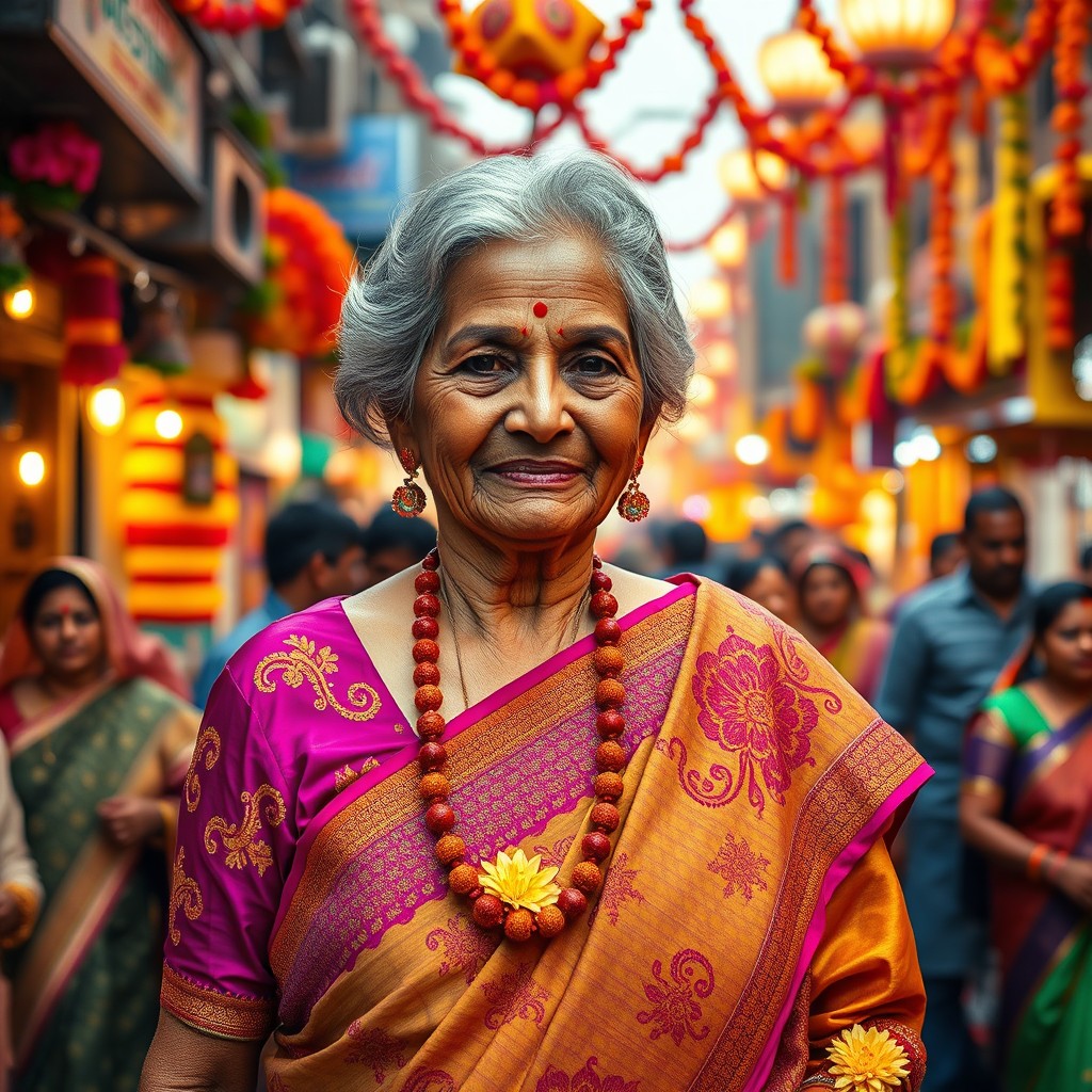 A vibrant Bollywood scene featuring an elderly woman dressed in a colorful traditional saree adorned with intricate embroideries