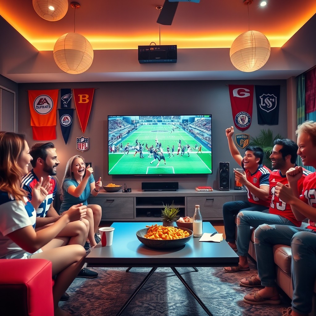 A dynamic scene featuring a vibrant living room with a large flat-screen TV showing a thrilling sports game