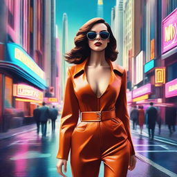 A hyperrealistic depiction of a beautiful woman walking on a vibrant retro-futuristic city street, exuding luxury.