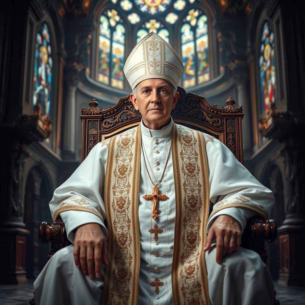 A surreal and majestic portrait of a person dressed as the Pope, adorned in traditional papal garments, including a white cassock, a deeply embroidered chasuble, and an ornate mitre