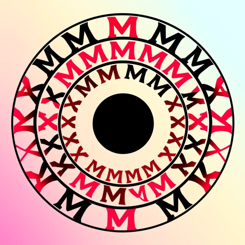 A vibrant circular design featuring a central circle, enveloped in an intricate pattern of the letter 'M' repeated multiple times around its circumference