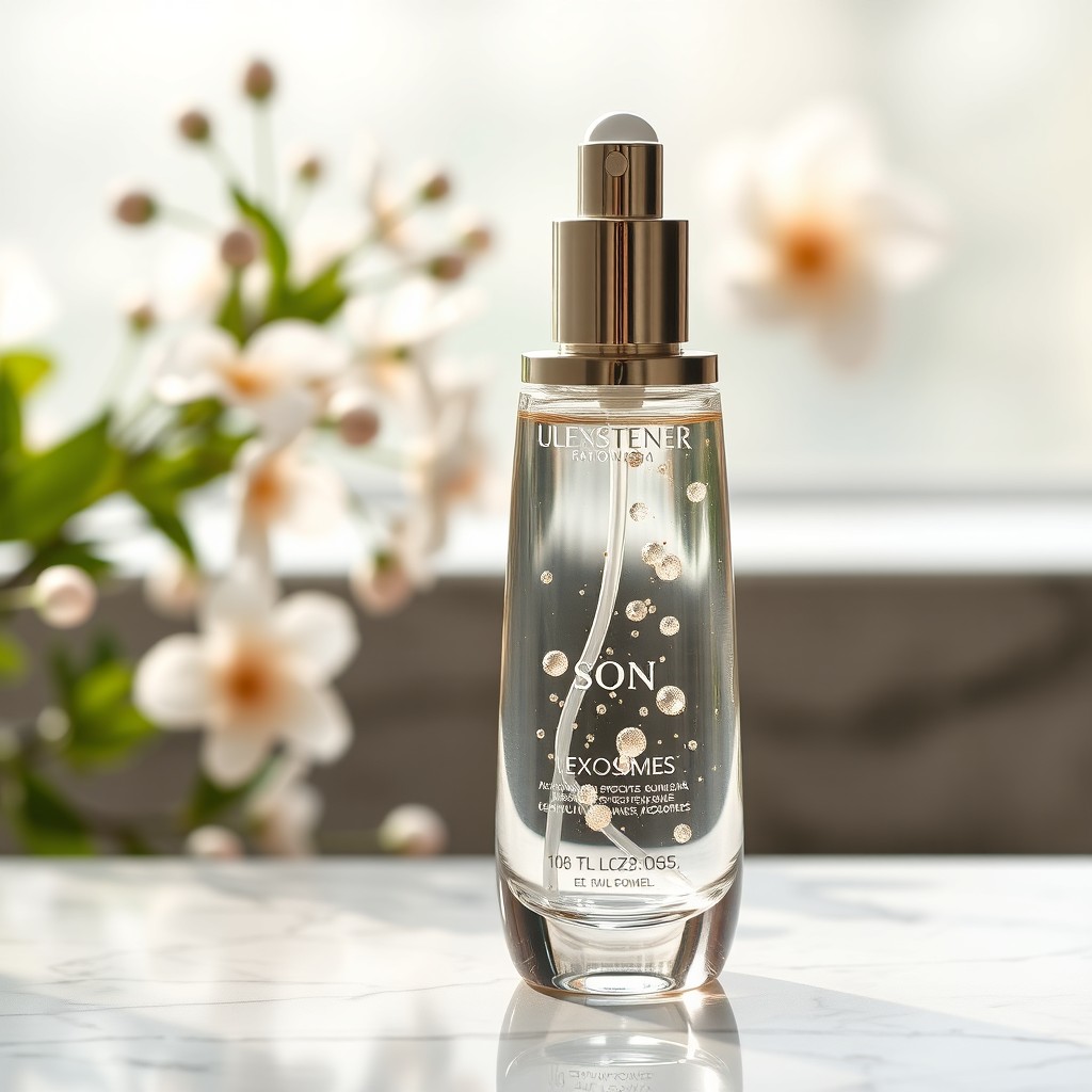 An elegant cosmetic product showcasing exosomes in its formulation, displayed in an aesthetically pleasing manner on a marble countertop