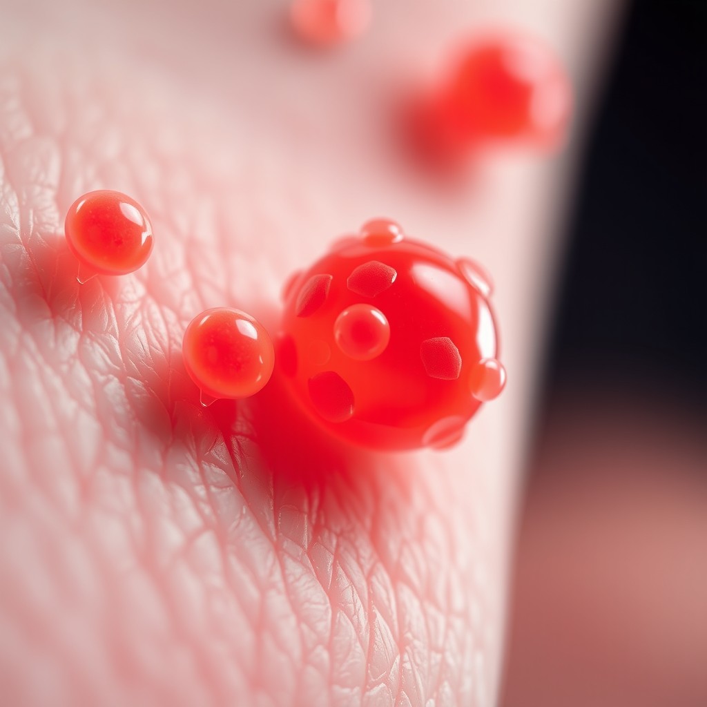 A close-up view of exosomes on human skin, showcasing their microscopic structure and interactions with skin cells