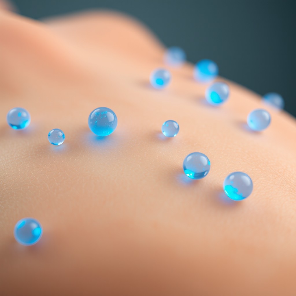 A close-up view of human skin showing blue exosomes, which appear as tiny spherical structures glowing softly against the skin's surface