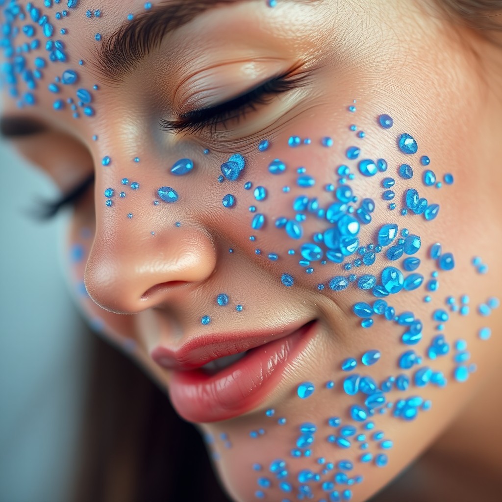 A close-up of a healthy and glowing face adorned with blue exosomes, which are visually captivating, resembling tiny shimmering beads on the skin