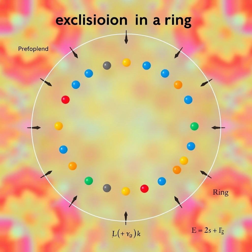 A conceptual illustration of the exclusion process on a ring in a mathematical context, showcasing particles (represented as colorful dots) moving preferentially in a circular arrangement or a loop, demonstrating interactions, exclusions, and probabilities of occupancy