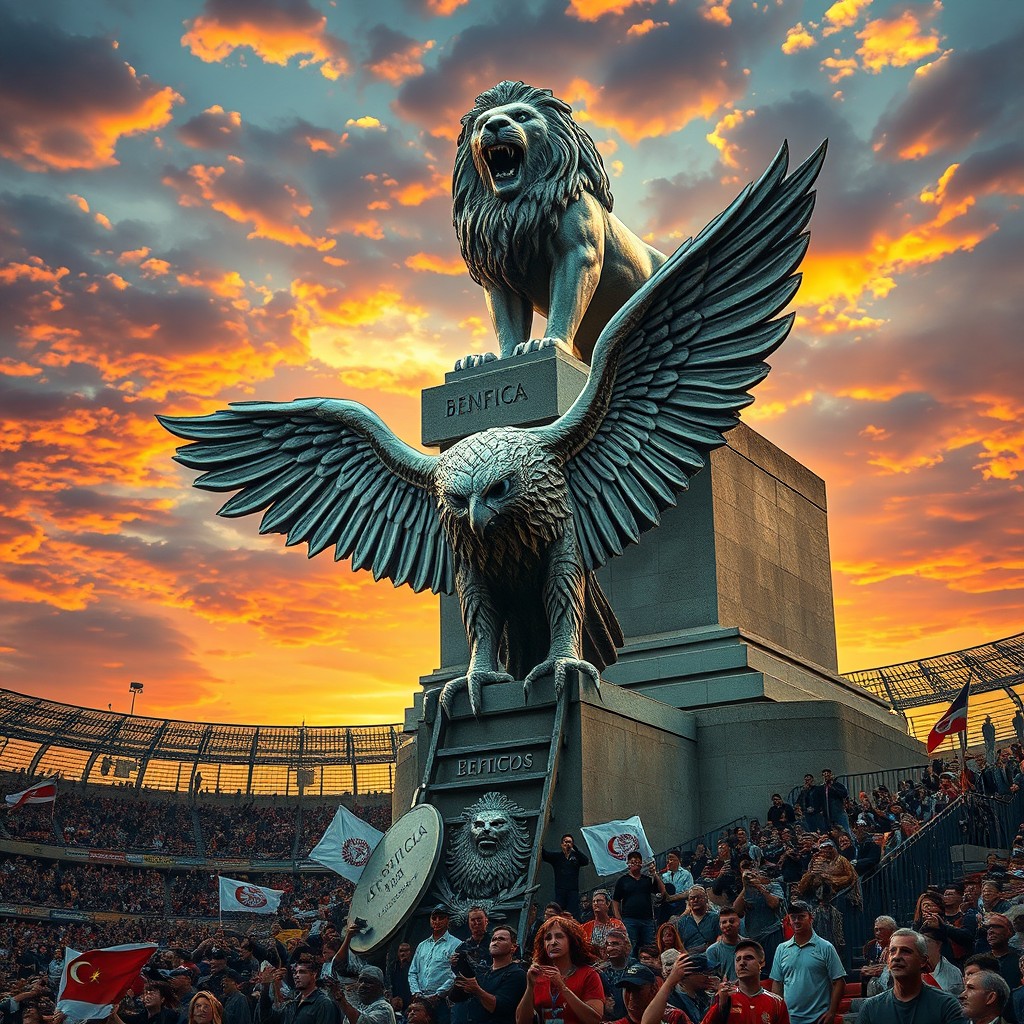 A dramatic scene depicting the statue of the Benfica eagle being slowly dismantled, towering above it is the statue of the Sporting lion