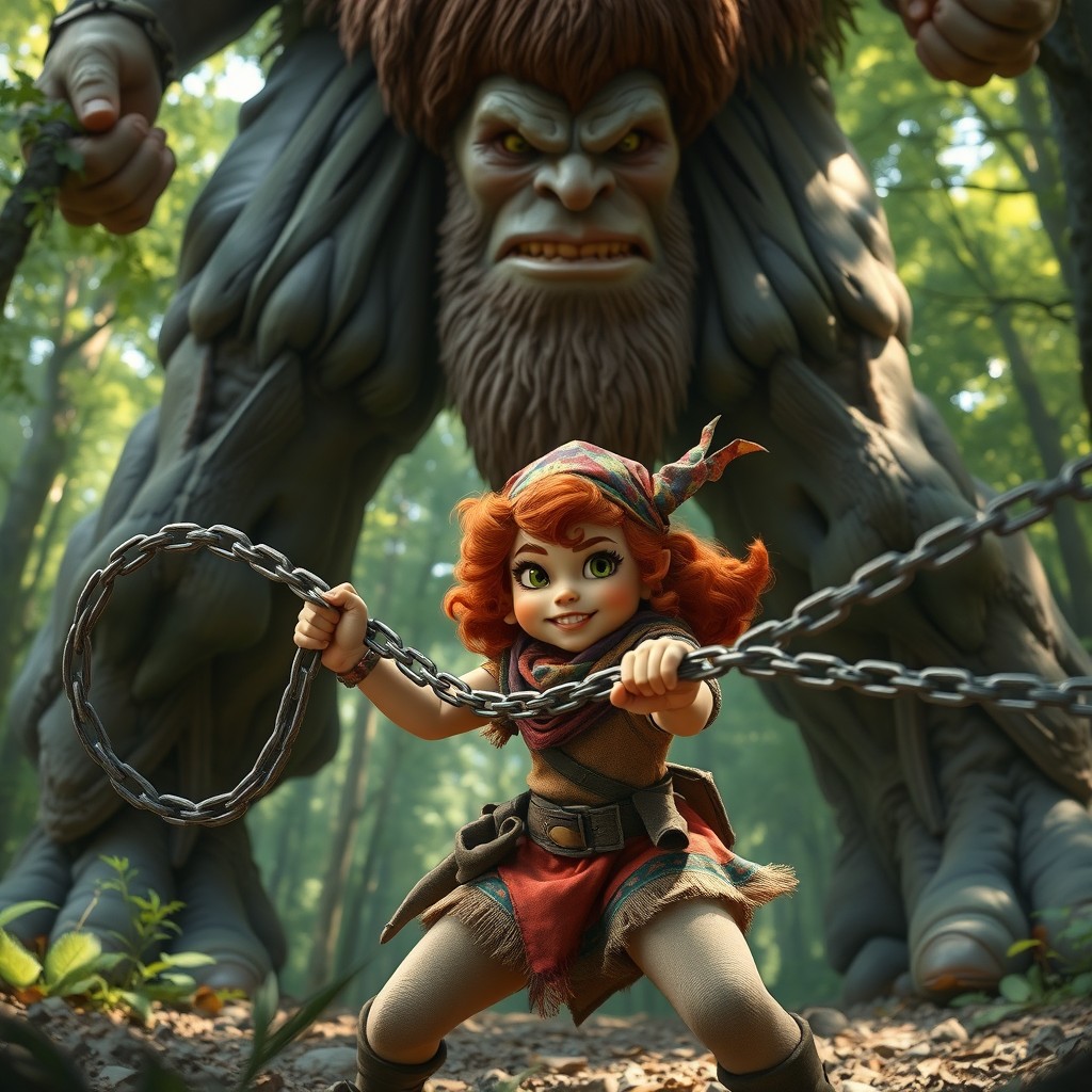 A young French gnome woman with curly auburn hair, wearing a colorful headscarf and a vibrant outfit, fiercely attacking a towering giant with a chain whip