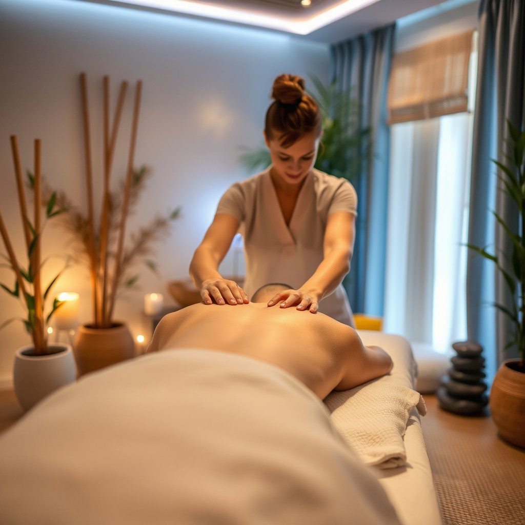 A serene and inviting wellness spa atmosphere featuring a relaxing maderotherapy session in progress