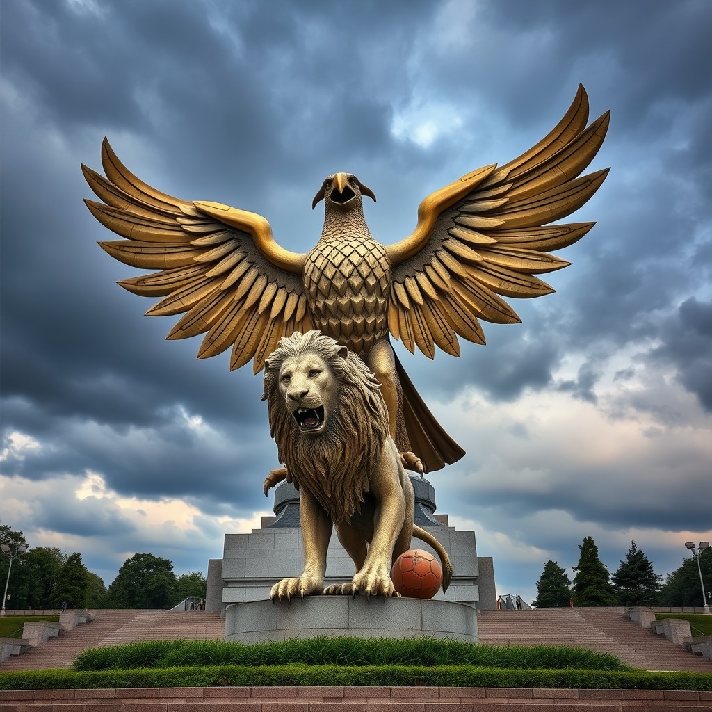 An epic confrontation scene featuring two large statues: the majestic eagle statue of SL Benfica triumphantly overpowering the lion statue of Sporting