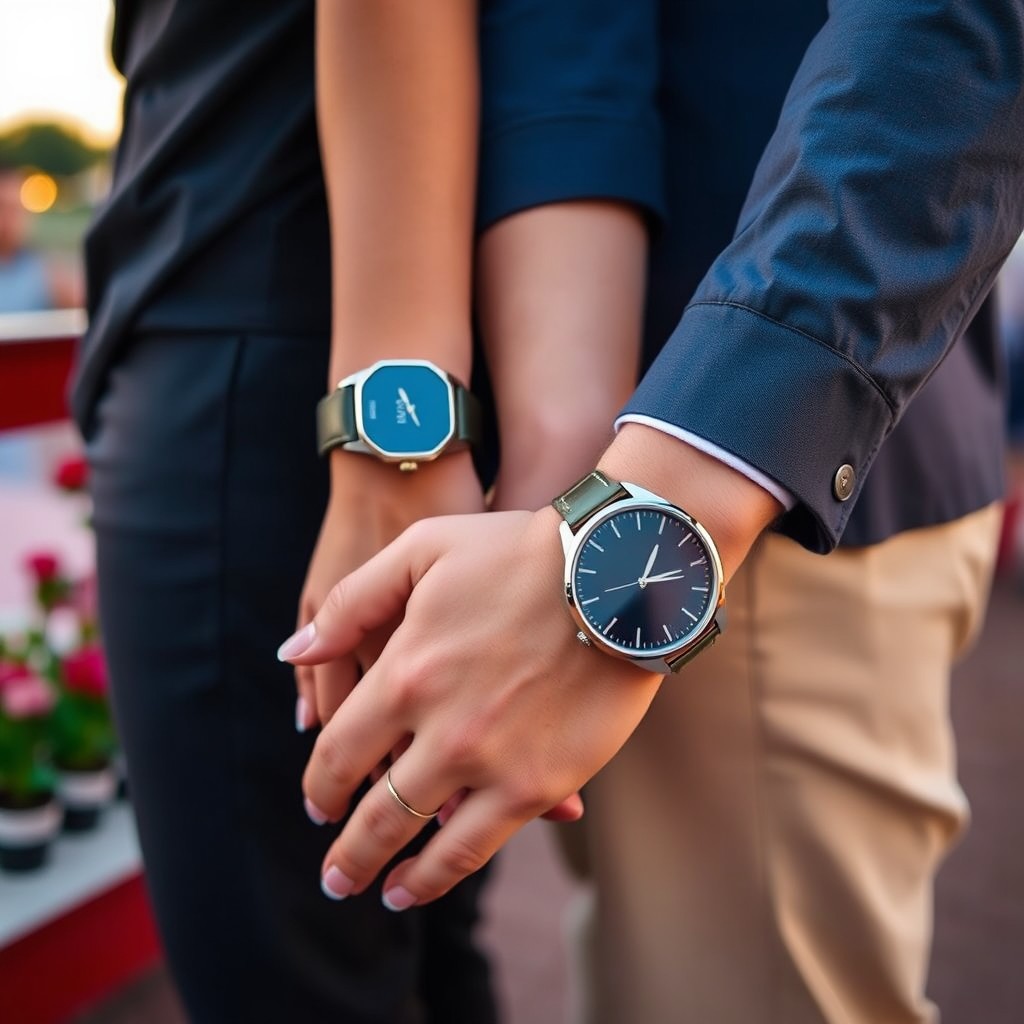 A couple is standing together, each wearing a stylish wristwatch on their hands