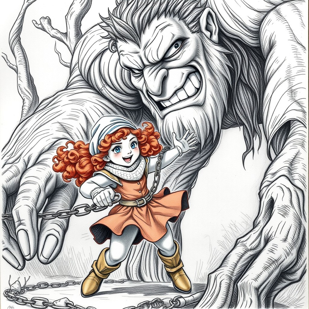 A detailed pen and pencil drawing of a young French gnome woman with curly auburn hair, wearing a colorful headscarf and a whimsical outfit, energetically attacking a giant with a chain whip