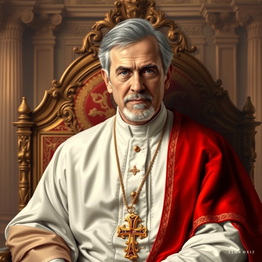 A realistic portrait of a middle-aged man, described as Pope Leon XIV, wearing traditional papal attire including a white cassock, a red stole, and a gold cross