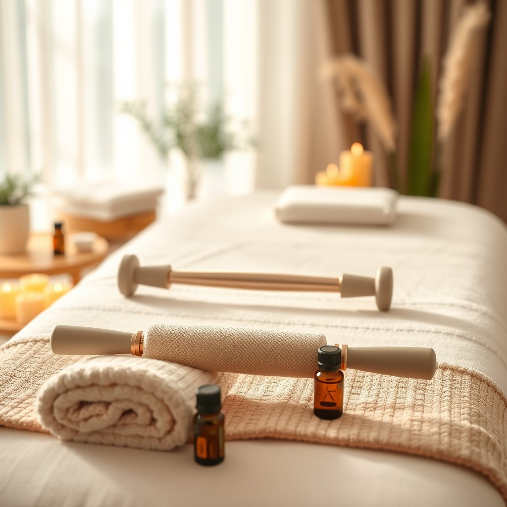 A beautifully arranged massage table featuring a Maderotherapy roller, showcasing a serene and calming environment