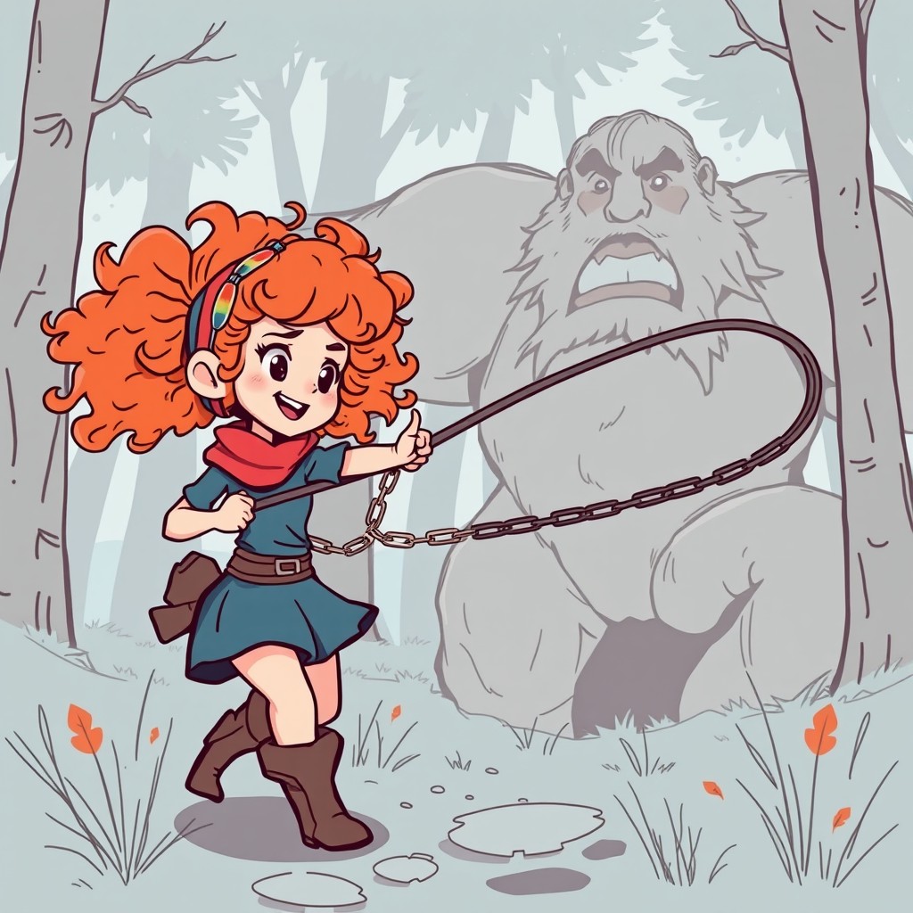 A low-fi drawing of a young French gnome woman with curly auburn hair and a colorful headscarf, energetically attacking a massive giant using a chain whip