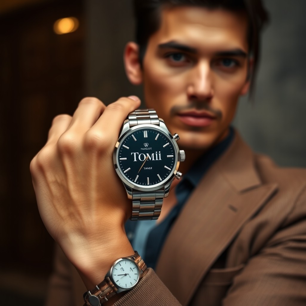 A fashionable model holding an elegant wristwatch prominently displaying the name "Tomi" on its face and the brand "Tomi" inscribed inside the watch