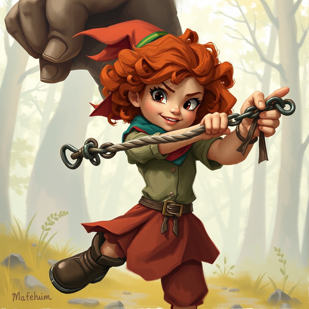 A low-fi painting of a young French gnome woman with curly auburn hair, wearing a colorful headscarf and playful attire, energetically attacking a giant with a chain whip