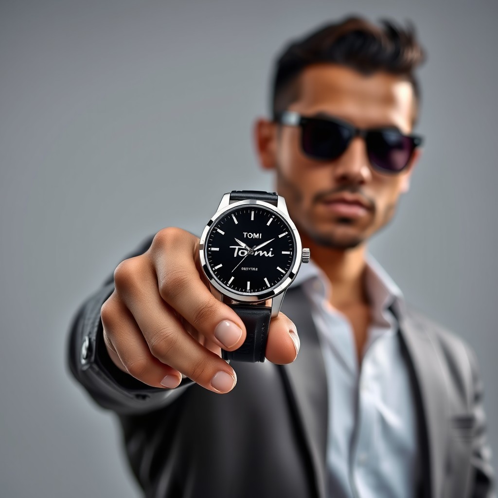 A stylish male model holding a sleek watch in his hand