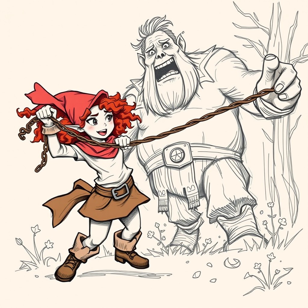 An artistic sketch of a young French gnome woman with curly auburn hair wearing a vibrant headscarf, passionately attacking a giant with a chain whip
