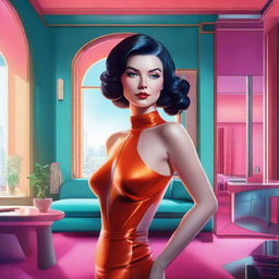 A hyperrealistic depiction of a beautiful woman inside a luxurious apartment, designed in a vivid retro-futuristic style.