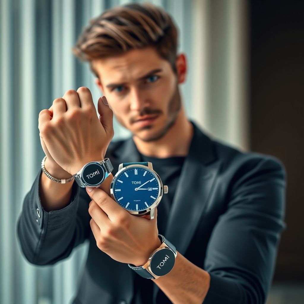 A stylish male model with a confident pose, holding a sleek watch in his hand