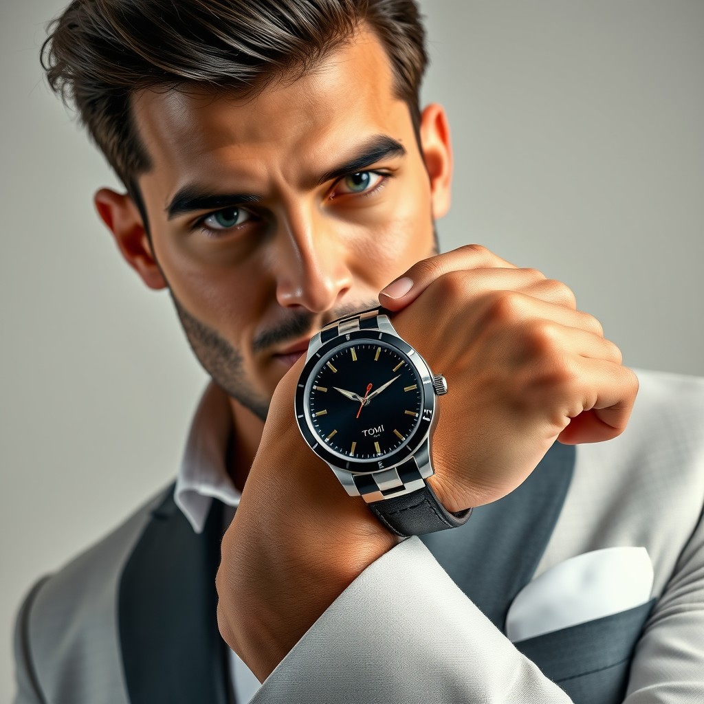 A stylish male model holding a luxurious watch prominently displaying the name 'Tomi' and the brand logo 'Tomi'