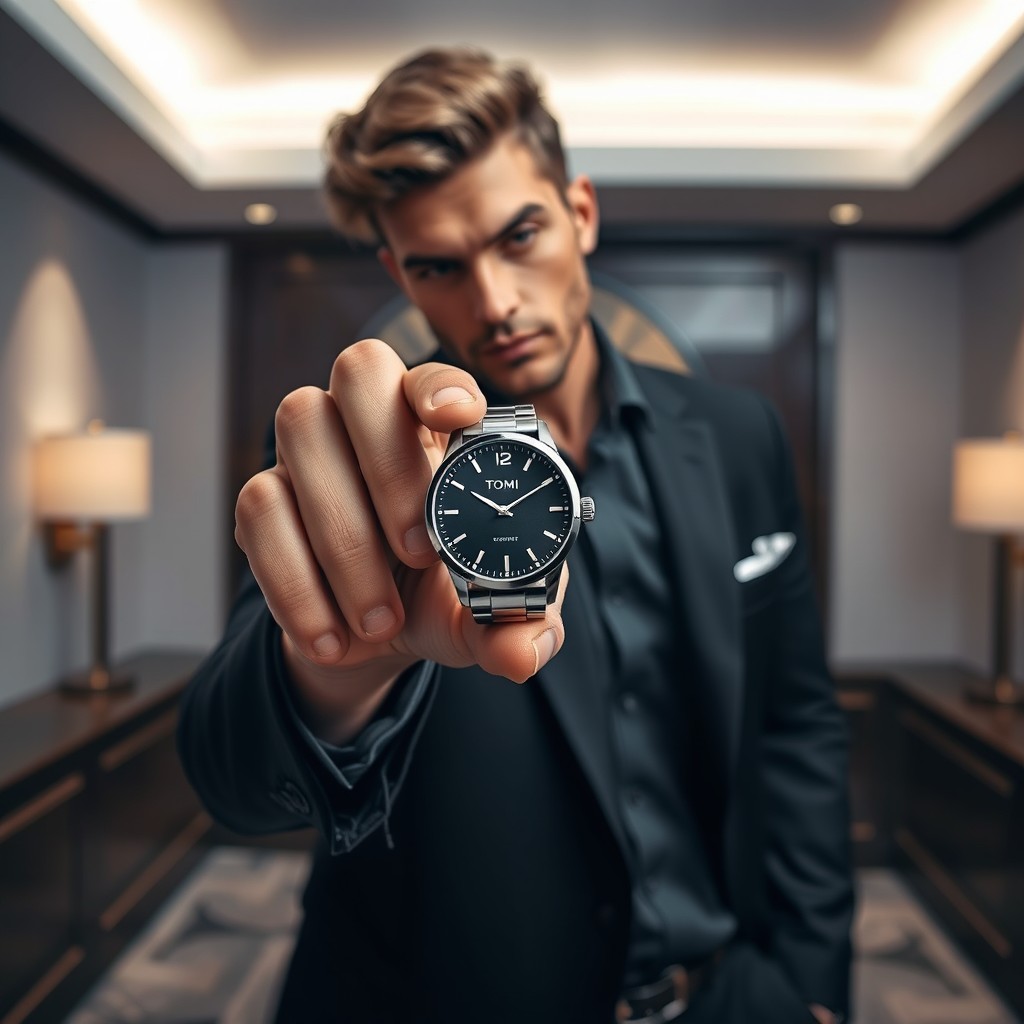 A male model elegantly displaying a watch in his hand