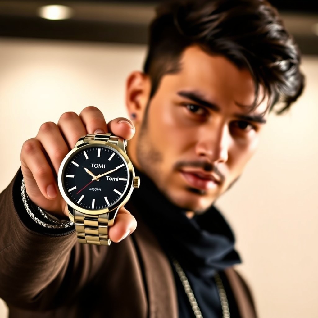 A stylish male model holding a luxury watch in his hand