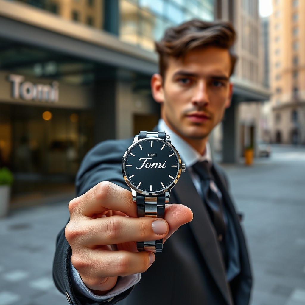 A male model elegantly holding a stylish watch in his hand