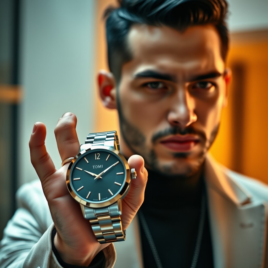 A stylish male model showcasing a luxurious watch prominently in his hand