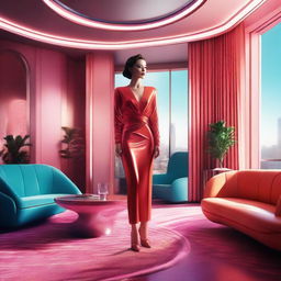 A hyperrealistic depiction of a beautiful woman inside a luxurious apartment, designed in a vivid retro-futuristic style.