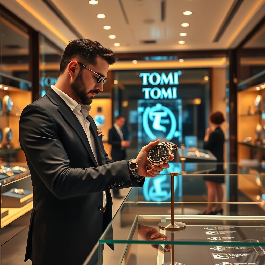 Inside a luxurious branded watch shop named 'Tomi', a sophisticated man named Tommy is purchasing a stunning watch